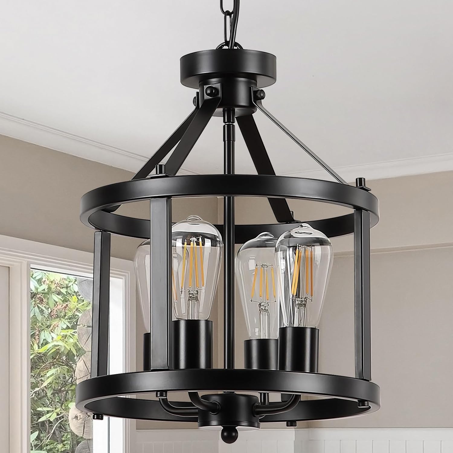 Black Farmhouse Chandelier, 4-Light Pendant Lights over Kitchen Island, Industrial Chandelier Ceiling Hanging Light Fixtures for Entryway Dining room Foyer Hallway Living Room, Adjustable Height