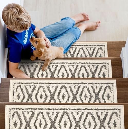 The Sofia Rugs Indoor Carpet Stair Treads for Pets, Kids & Elders - 28inX9in - Stair Runners for Wooden Steps - Machine Washable Stair Mats with Non-Slip Backing, 15 pcs, Gray