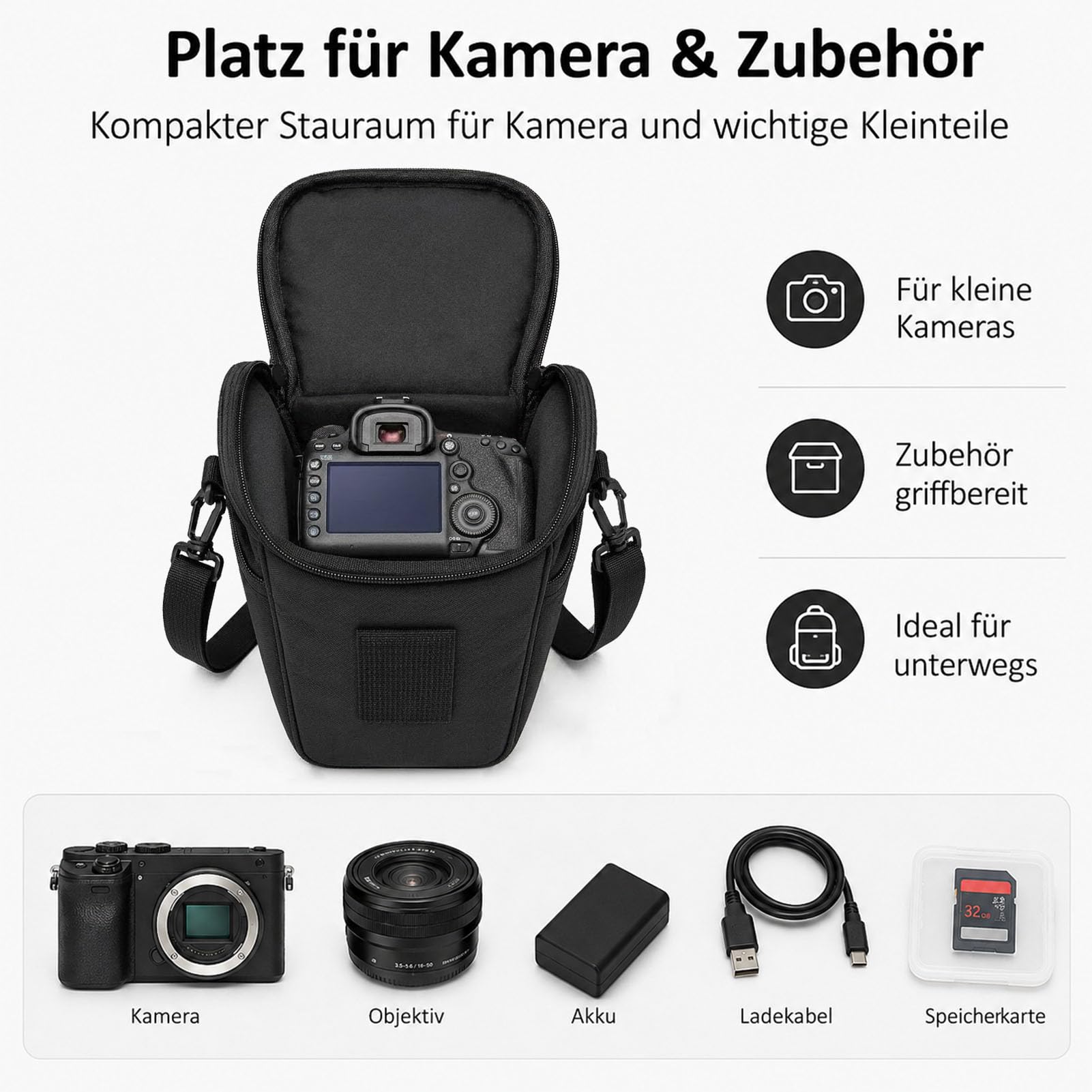 Kameratasche Schwarz 21 x 18 x 11 cm, kompakte Fototasche für Systemkamera, Digitalkamera & kleinere DSLR/SLR-Modelle, Wasserabweisende Kamera-Umhängetasche mit Seitentasche, Innenpolsterung