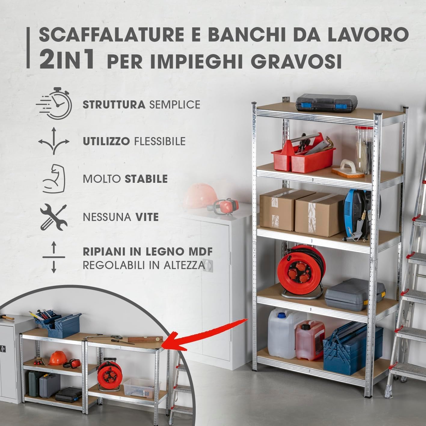 2X Scaffale Multiuso in Metallo Zincato 90x40x180 cm con 5 Ripiani Portata 175 kg per Ripiano