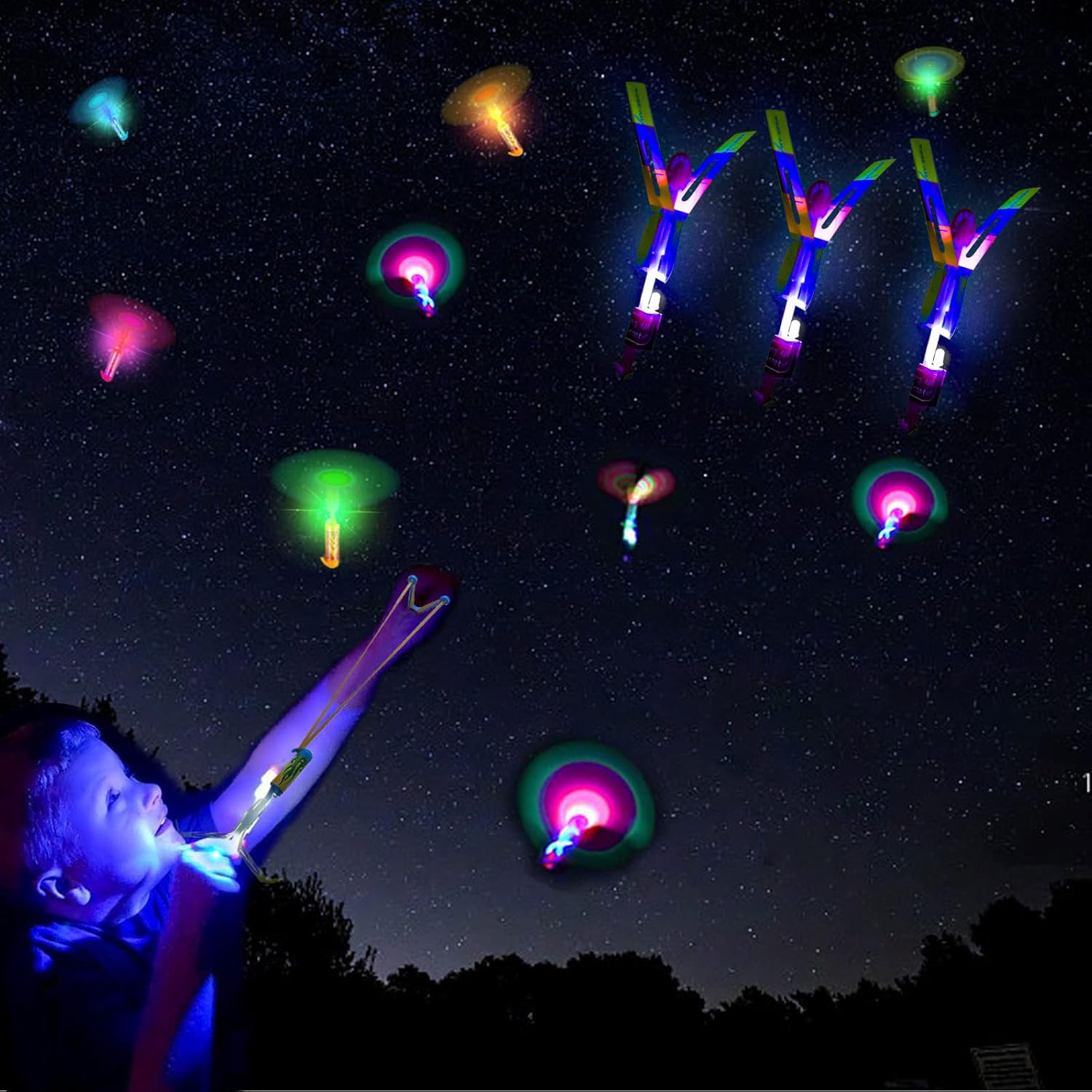 Ynybusi 25 Pcs Slingshots Rocket Launcher for Kids, Finger Rocket with Led Lights