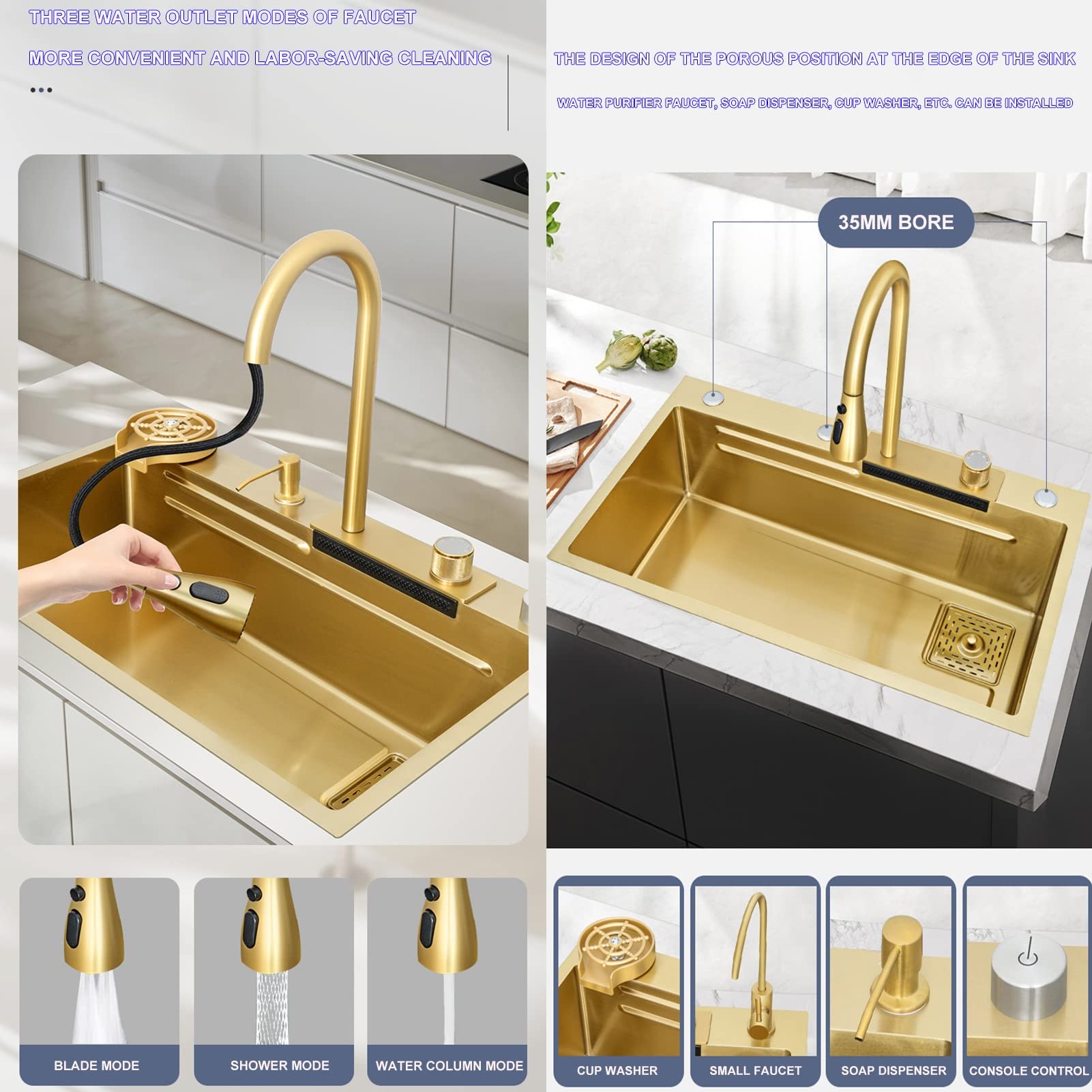 Złoty Nano zlewozmywak kuchenny ze stali nierdzewnej 304 zlew wodospadowy wielofunkcyjny jednokomorowy zlew barowy RV zlew z kranem i elementami drenażowymi Produkty dekoracyjne do domu