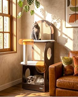 47" Modern Wood Cat Tree for Indoor Cats, House, Condo & Perch | Natural Walnut Wood | 47"H, 40×48cm Base | Sisal Scratching Board | Semi-Enclosed Cat Condo | Up to 15 lbs | 30-Min Assembly