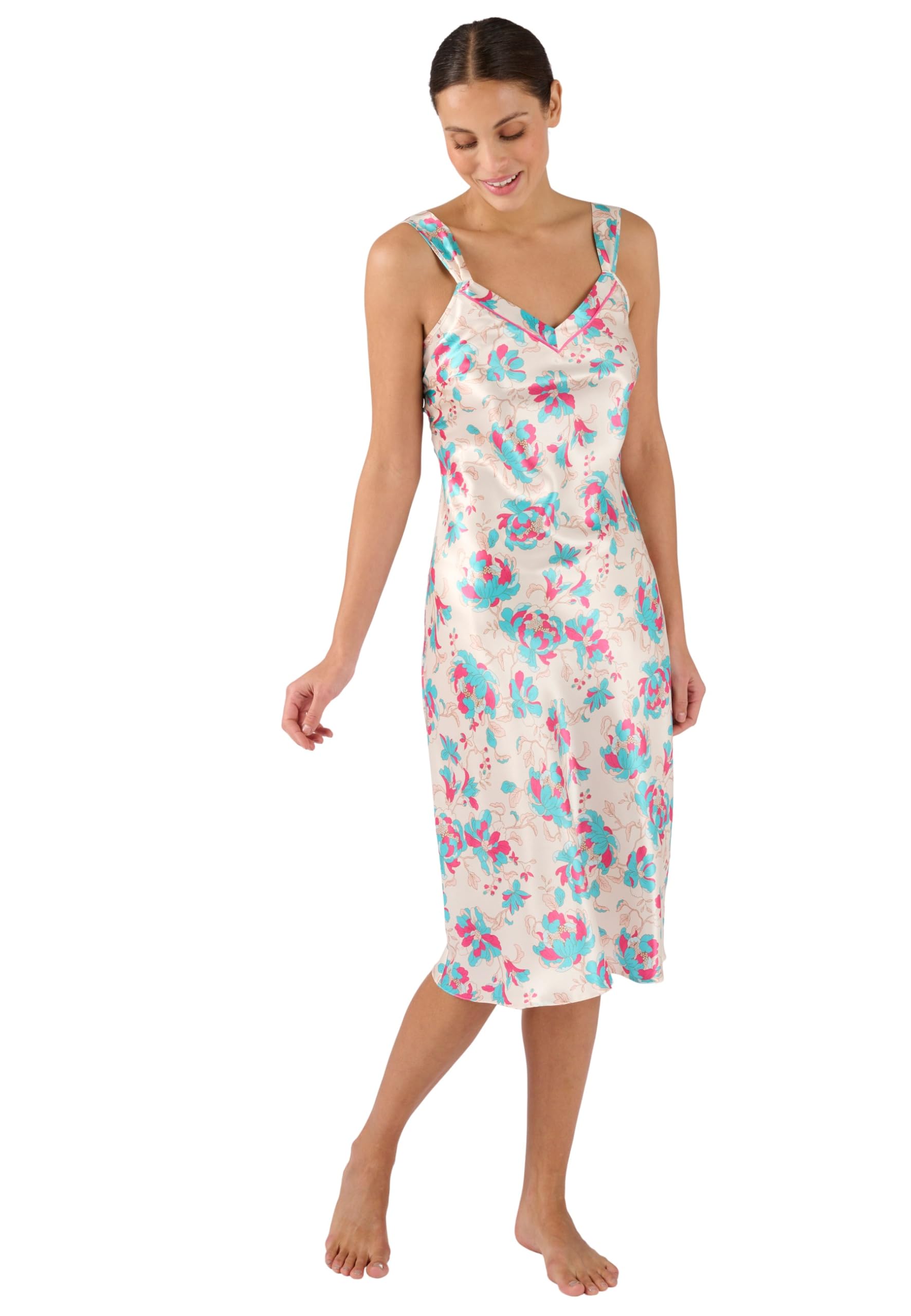 Damart - Satin Strappy Nightdress, Blue Flowers, 26/28