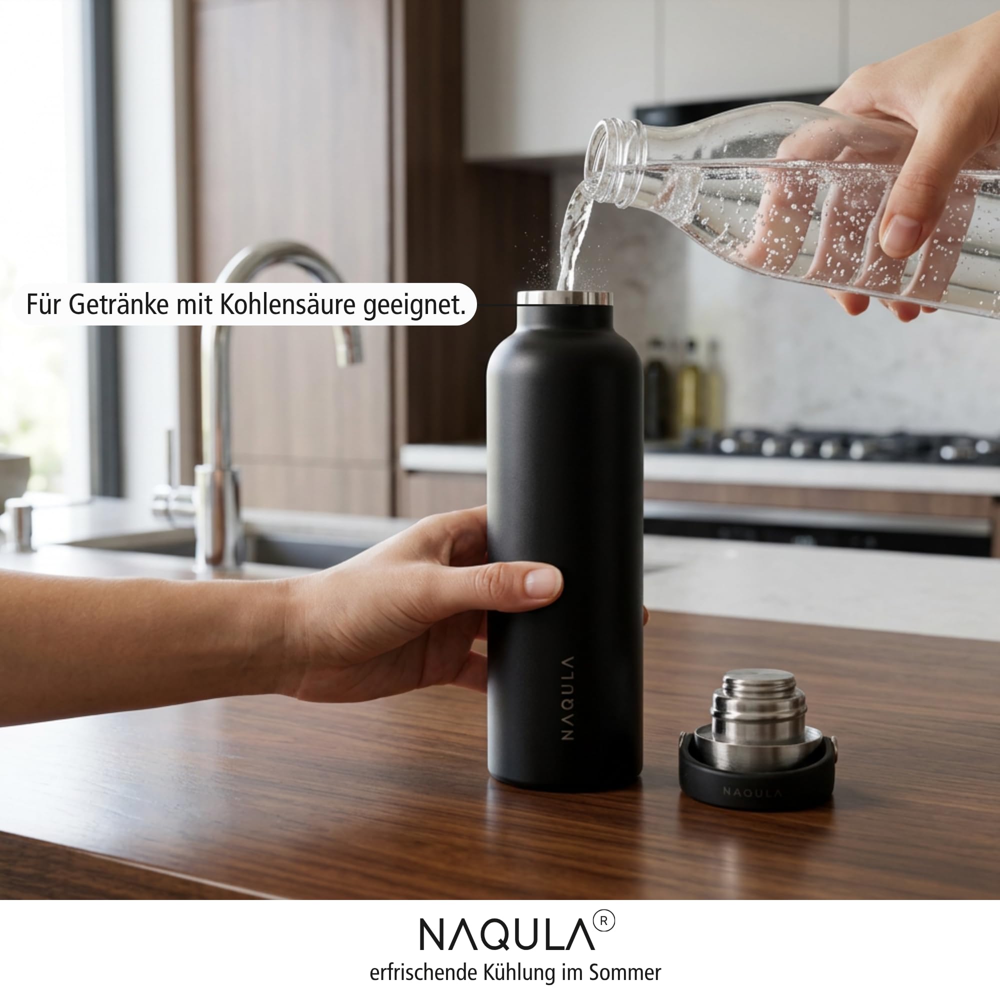 Termo NAQULA con asa y colador extraíble para té o frutas. Botella de acero inoxidable a prueba de fugas, apta para bebidas carbonatadas, termo caliente y frío (negro, 1000 ml)