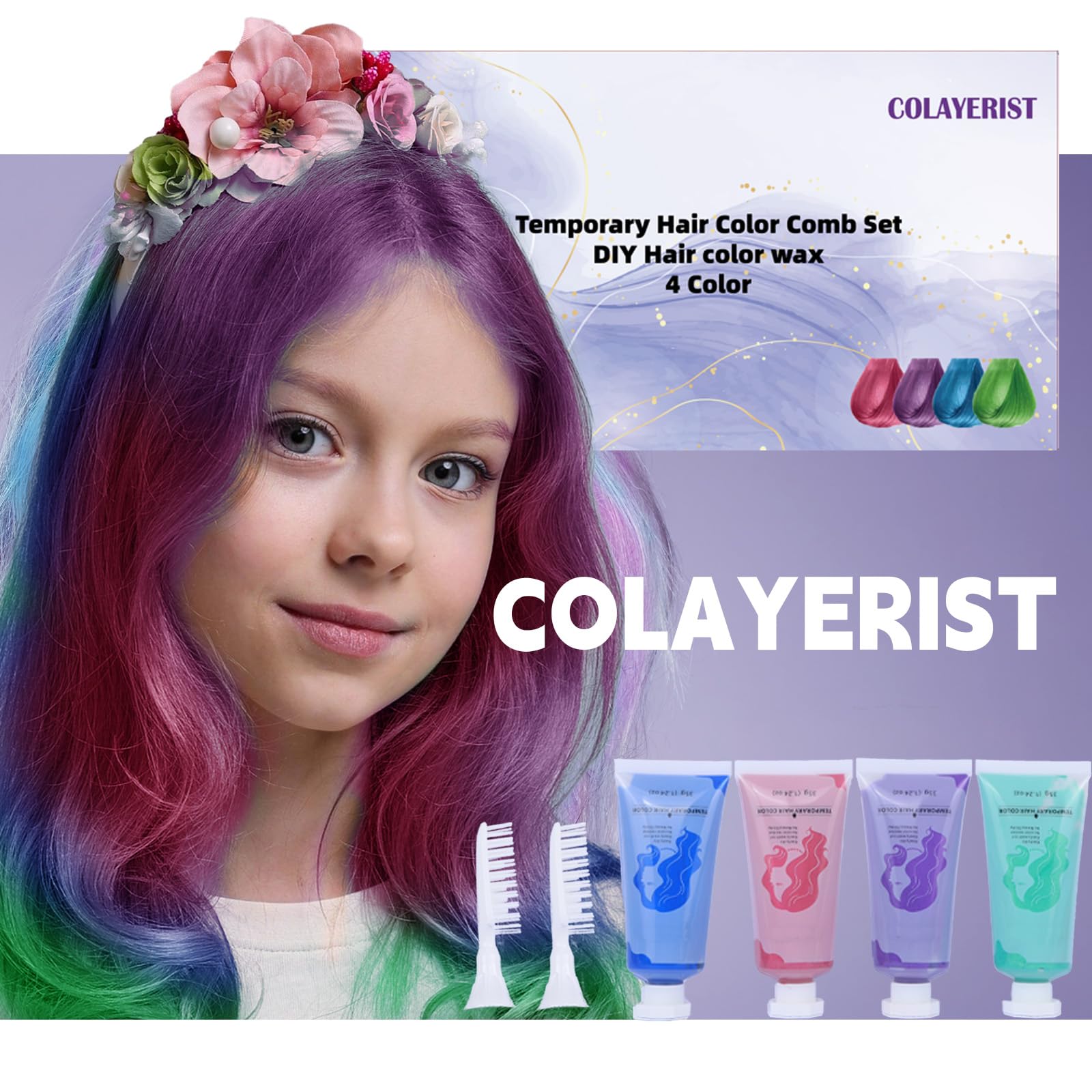Colorante per Capelli Cera per Ragazze, 4 Pezzi Colorante Temporaneo per Capelli in Verde, Blu, Rosa, Viola, Set di Cera Lavabile per Bambini e Adulti, Ottimo Regalo di Compleanno