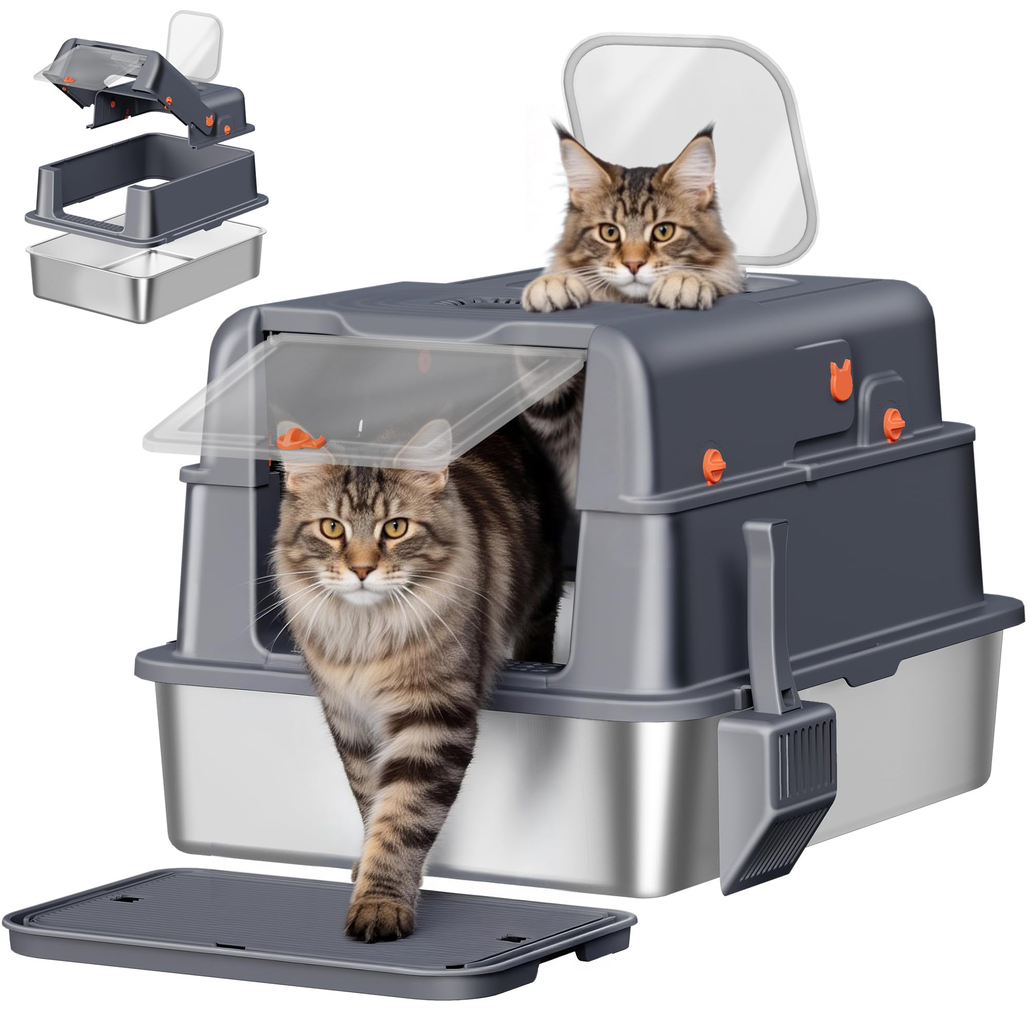 Lettiera per gatti in acciaio inox con coperchio, vassoio rivestito in metallo, coperchio incernierato, design a doppia porta, controllo degli odori, anti-perdite, include paletta e pedale