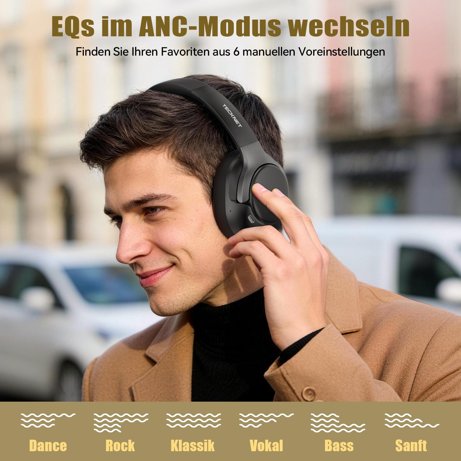 TECKNET Over Ear Kopfhörer Bluetooth mit Hybrid Active Noise Cancelling, Kabellose Bluetooth 6.0 Kopfhörer, 70 Std. Wiedergabezeit, 6 EQ-Modi, 3,5-mm-Audiokabel für Zuhause, Reisen und Büro, Schwarz