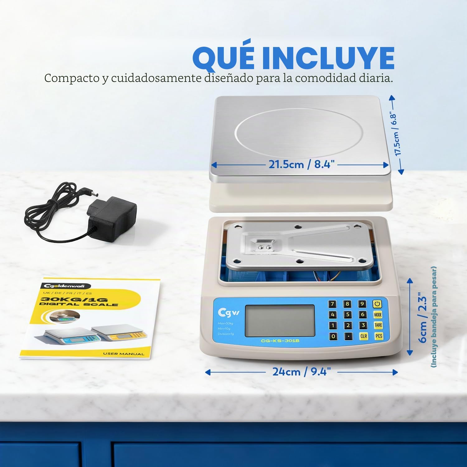 CGOLDENWALL Báscula de Cocina Profesional 30kg/1g - Balanza Alimentos Digital con Plataforma de Acero Inoxidable, Pantalla LCD, Conversión KG/LB/OZ y Doble Alimentación, para Tienda, Panadería y Hogar