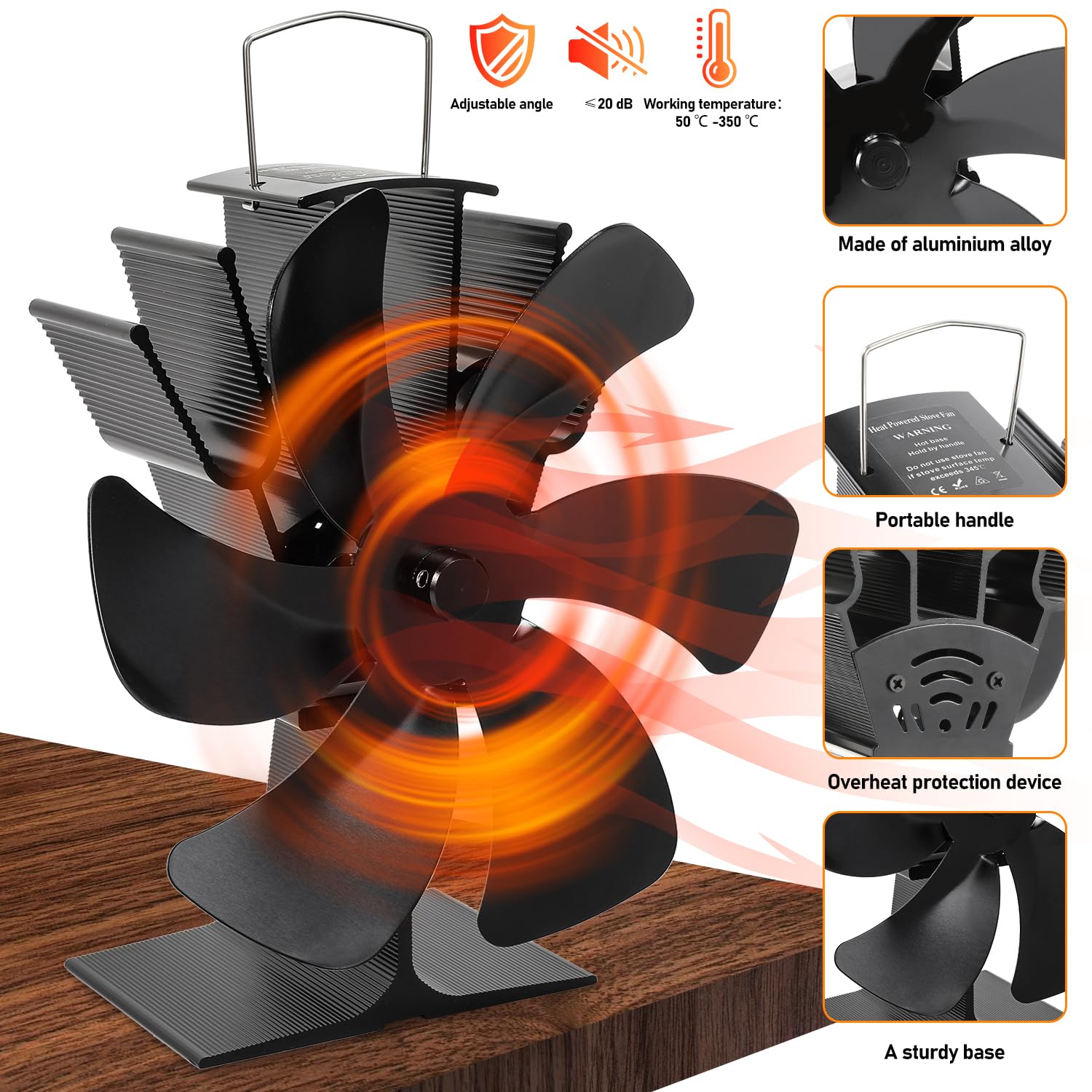 Ventilatore da camino a 6 fogli con termometro, ventilatore da forno senza corrente, silenzioso, scarico in legno, funzionamento termico, ventola in alluminio per Fireplace
