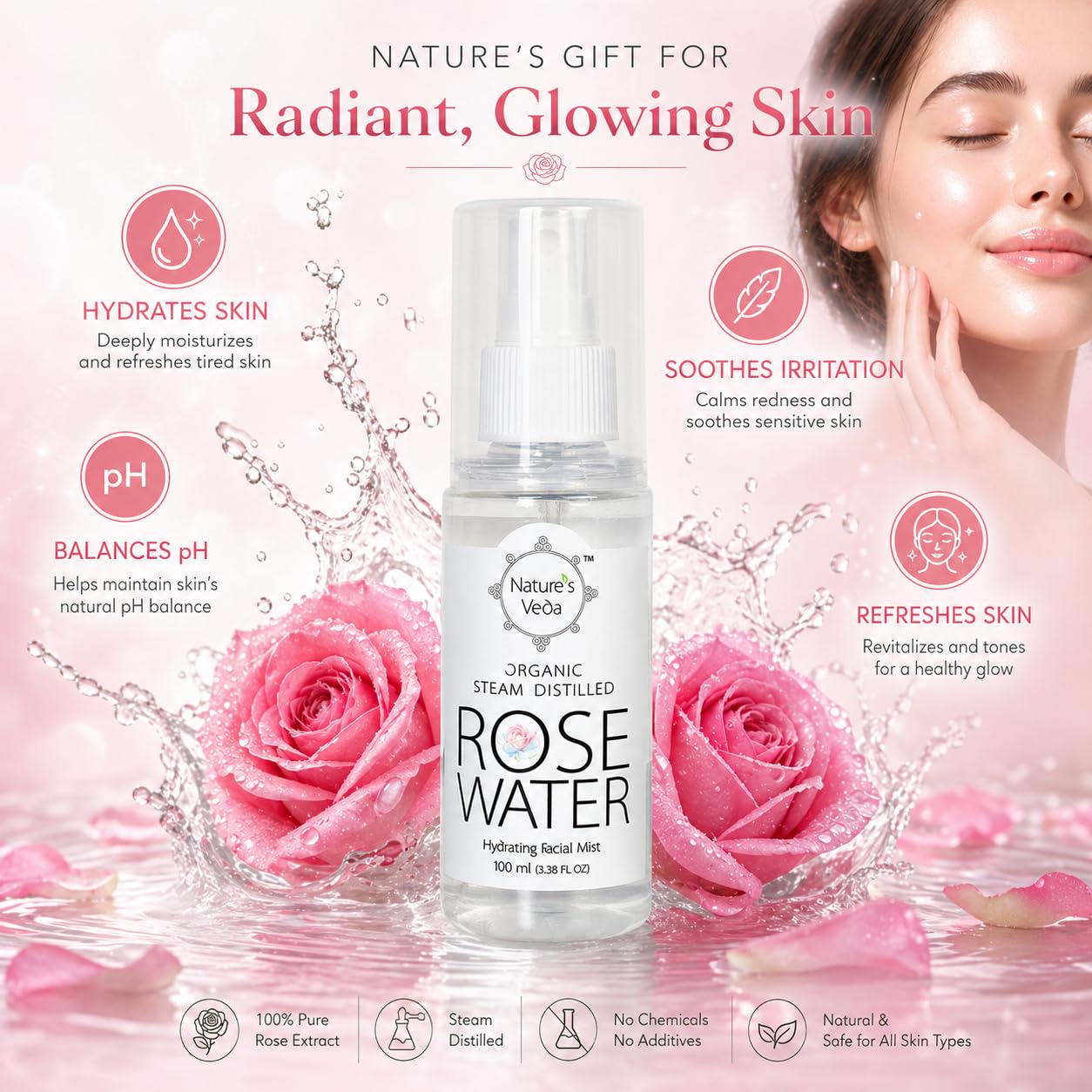 Nature's Veda ORGANIC STEAM DISTILLED ROSE WATER 100 ML | Hydrating Facial Mist | USDA & INDIA ORGANIC CERTIFIED |