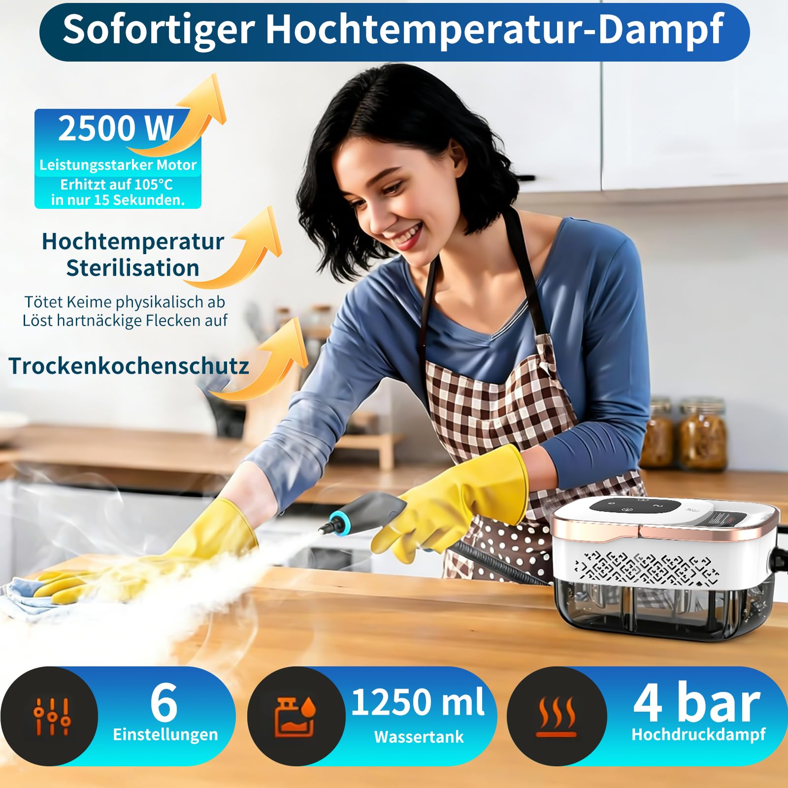 Dampfreiniger Handgerät, 2500W Handdampfreiniger, 8 Düsen, 6 Dampfstufen, 1250 ML Tank, 105℃ Hochtemperatur, 4 BAR Hochdruck, 15S Heizzeit, Tragbarer Dampfreiniger für Auto Küche Bad Polster