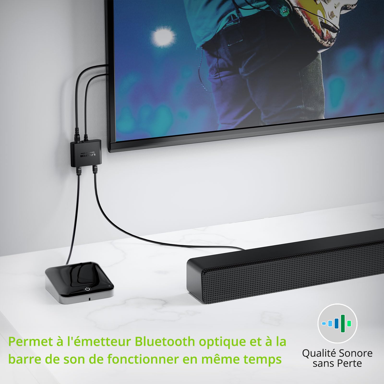 LiNKFOR Répartiteur Optique Toslink 1 Entrée 2 Sorties Câble Intégré 1m Actif avec Alimentation USB Chipset Stable Support LPCM/DTS/Dolby Digital Transmission 40m Pour Barre de Son et Casque Sans Fil
