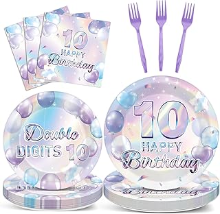 96Pcs Iridescent 10th Birthday Paper Plates Napkins Set for Double Digits Party Dessert Cake Plates Disposable Decor 10 Years Old Parties Set for Kids Girls Boys 10-Year-Old Party Favors Supplies