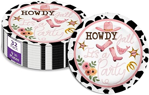 Howdy Y'all - Suministros de fiesta de cumpleaños de vaca para niña, vajilla desechable con estampado de vaca de 32 piezas, decoraciones de rodeo