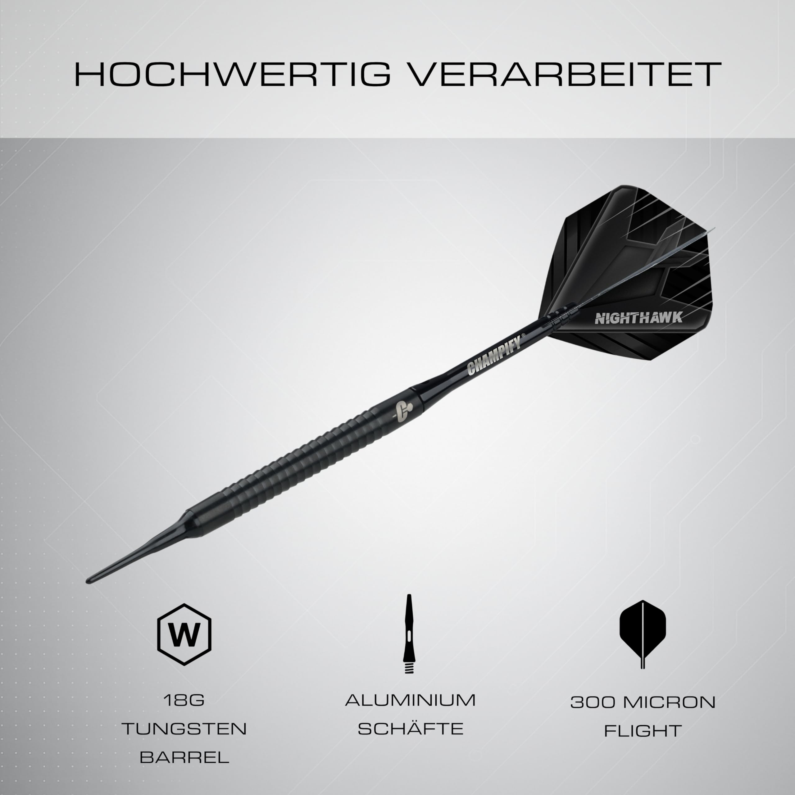 Champify® 18g Tungsten Soft-Darts Set “Nighthawk” mit Kunststoff-Spitze und schwarzer Darttasche | 3 Darts mit 9 Alu-Schäften & 9 Flights & 30 Softdart-Spitzen | Dartpfeile mit Plastik-Spitzen