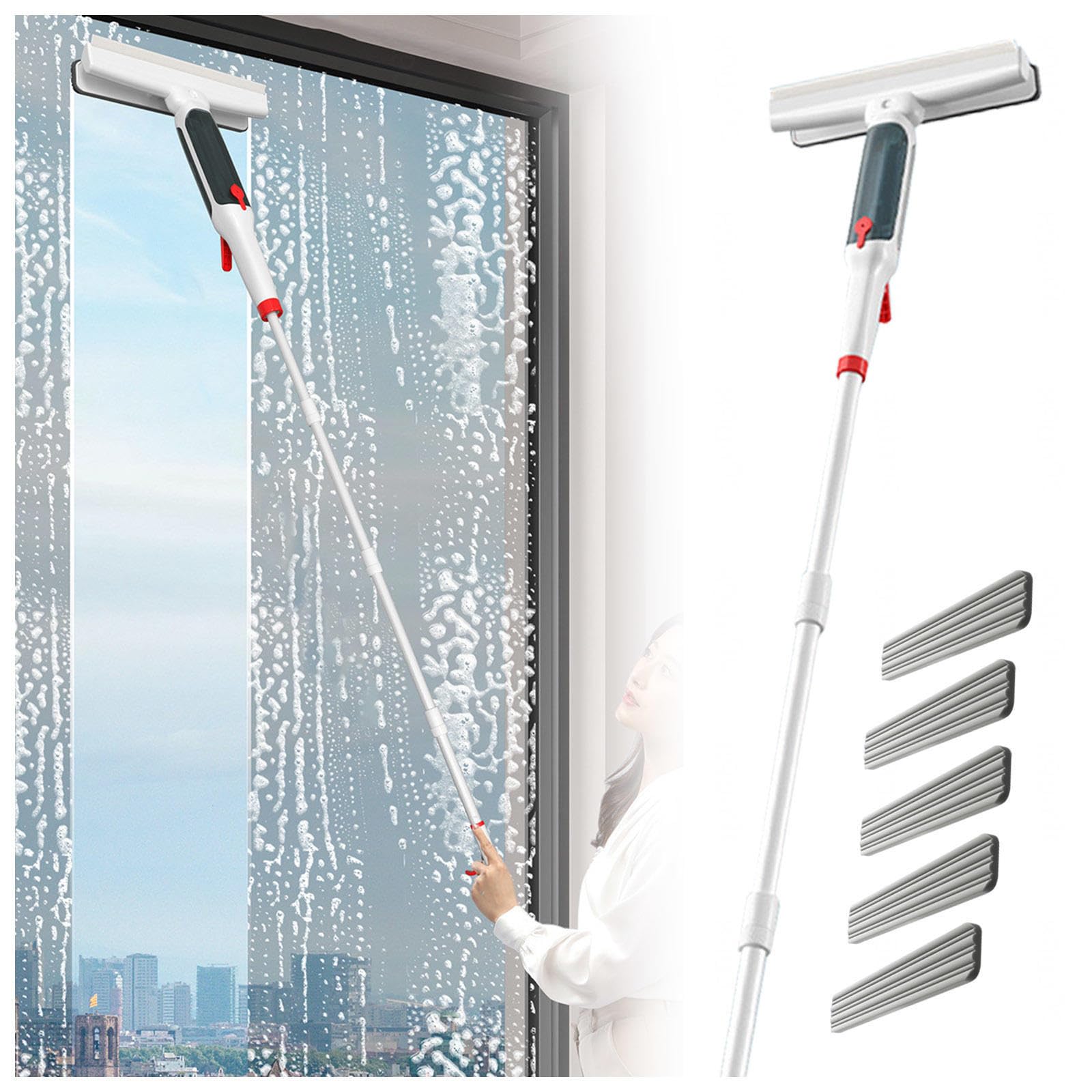 RRRYYYZZ 75'' Spray Window Squeegee for Home with 4-Section Extension Pole, 4 in 1 Window Cleaner Squeegee Glass Squeegee with Sewage Collector and 5