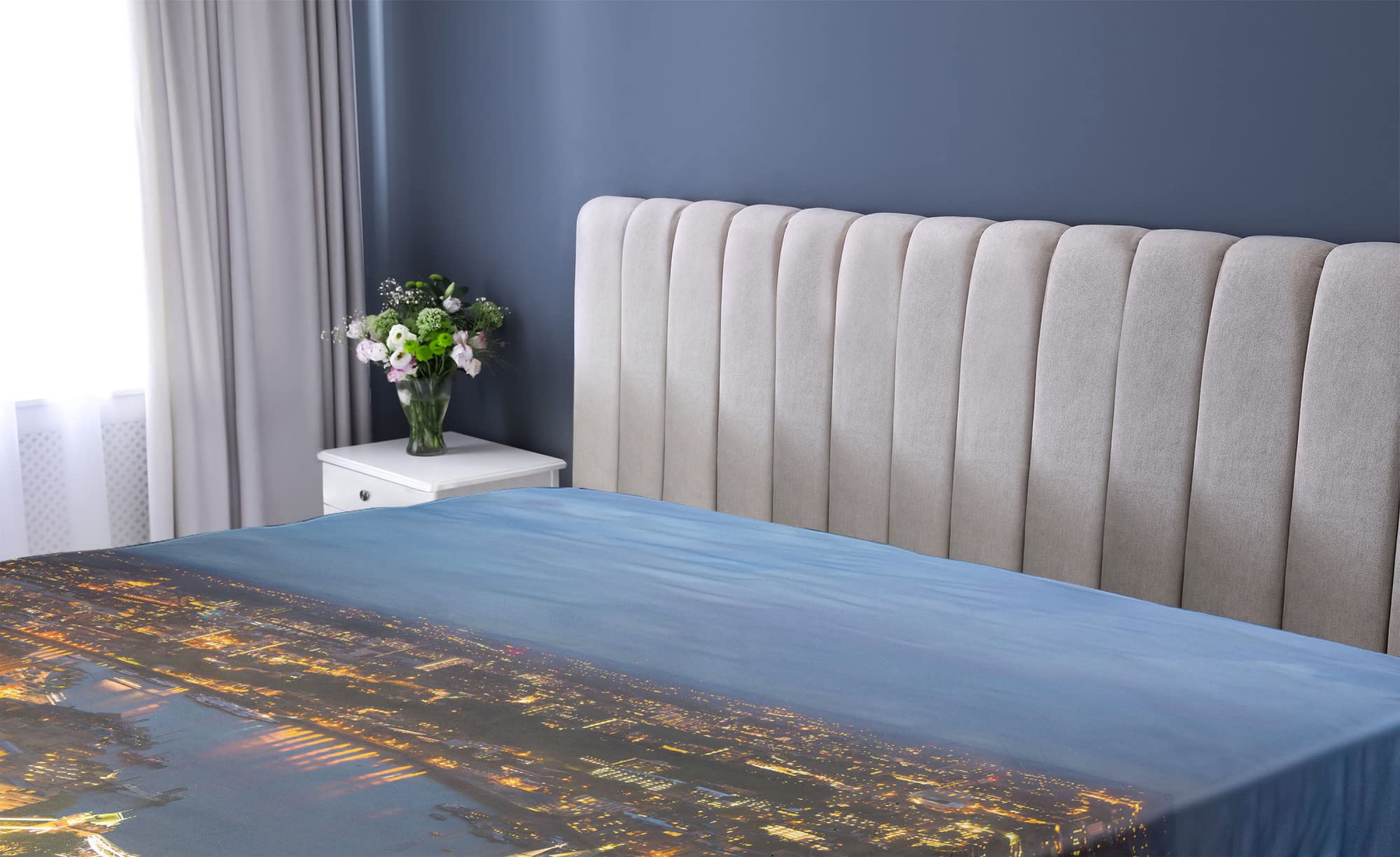 Ambesonne Modern Fitted Sheet, Sunset at London England Cityscape Night Time and Tower Bridge Landmark Urban, Soft Decorative Fabric Bedding All-Round Elastic Pocket, Full Size, Bluegrey Yellow