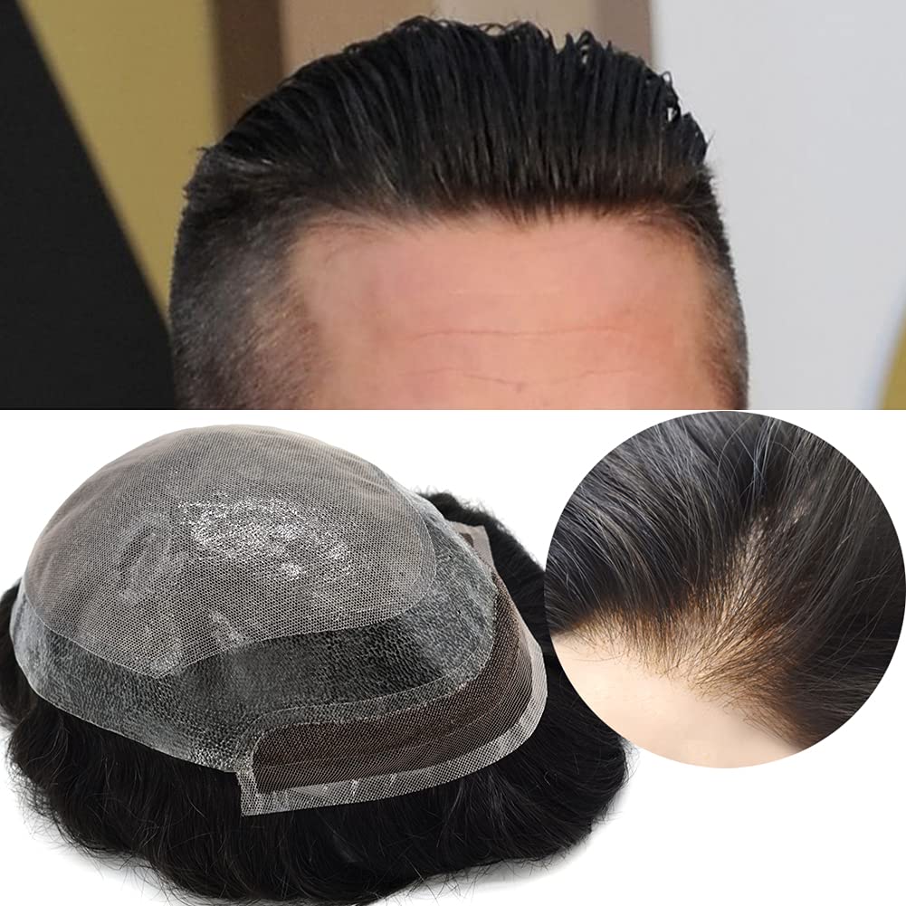 Toupee For Men Undetectable French Lace Front Thin Skin Hair Replacement Systems Bleached Knot Nautral Hairline All Color Black Brown Blonde Grey Men Wig Unit (#210 2# DARKEST BROWN WITH 10% SYNTHETIC GREY-110% Light to medium Density)