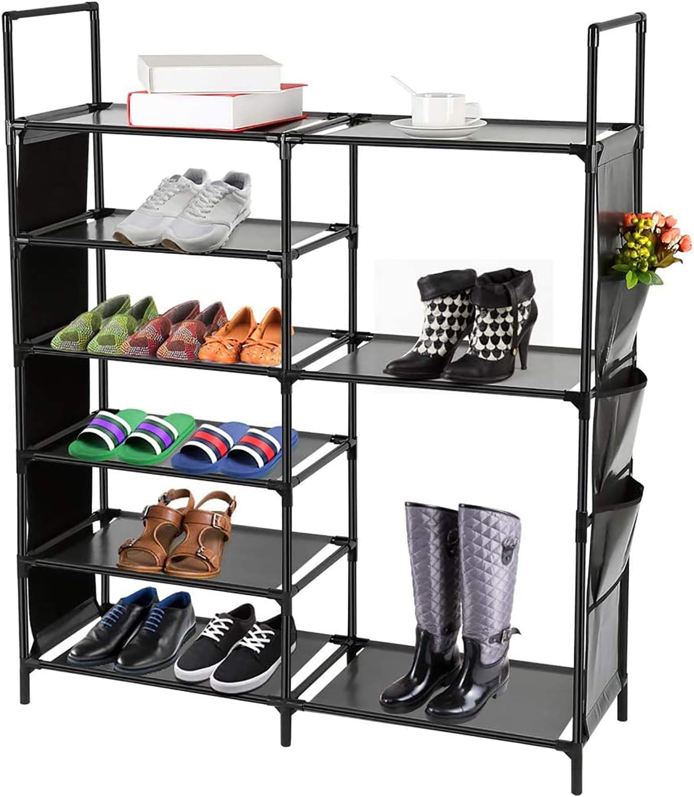 DazHom 6-Tier Shoe Rack, Shoe Storage Organizer Non-Woven Fabric, Stackable Shoe Tower Rack, Portable Closet Boot Organizer Rack, Shoe Racks Space Saving, Metal Durable Shelves Holds 20-25, Black