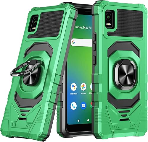 Miniatura 2 de Funda para TCL ION Z con protector de pantalla de vidrio templado, soporte de anillo integrado grado militar cubierta protectora (verde)