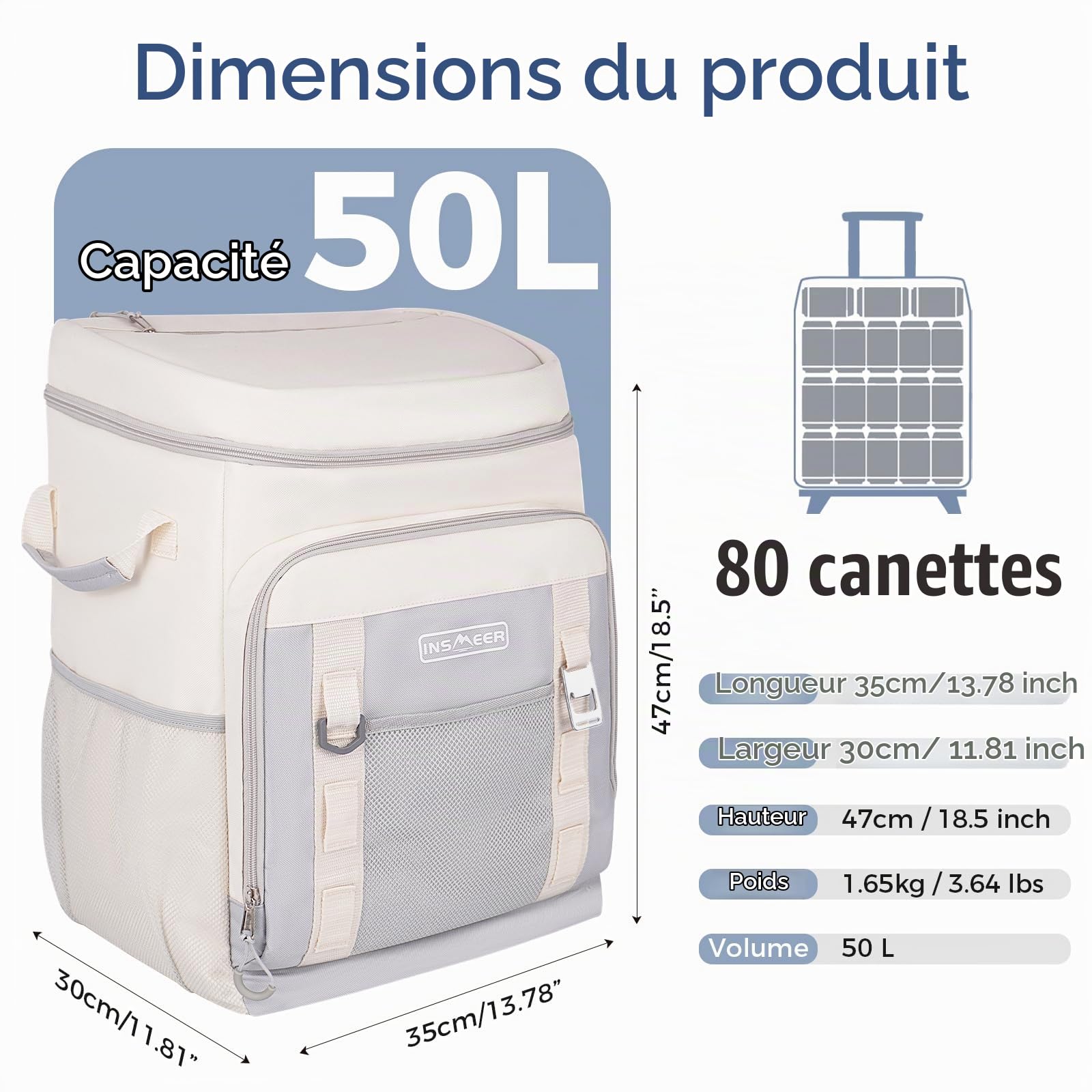 Sac isotherme à roulettes 50 L/80 canettes - Grand sac isotherme pliable et imperméable - Pour la plage, le camping, le pique-nique, le shopping