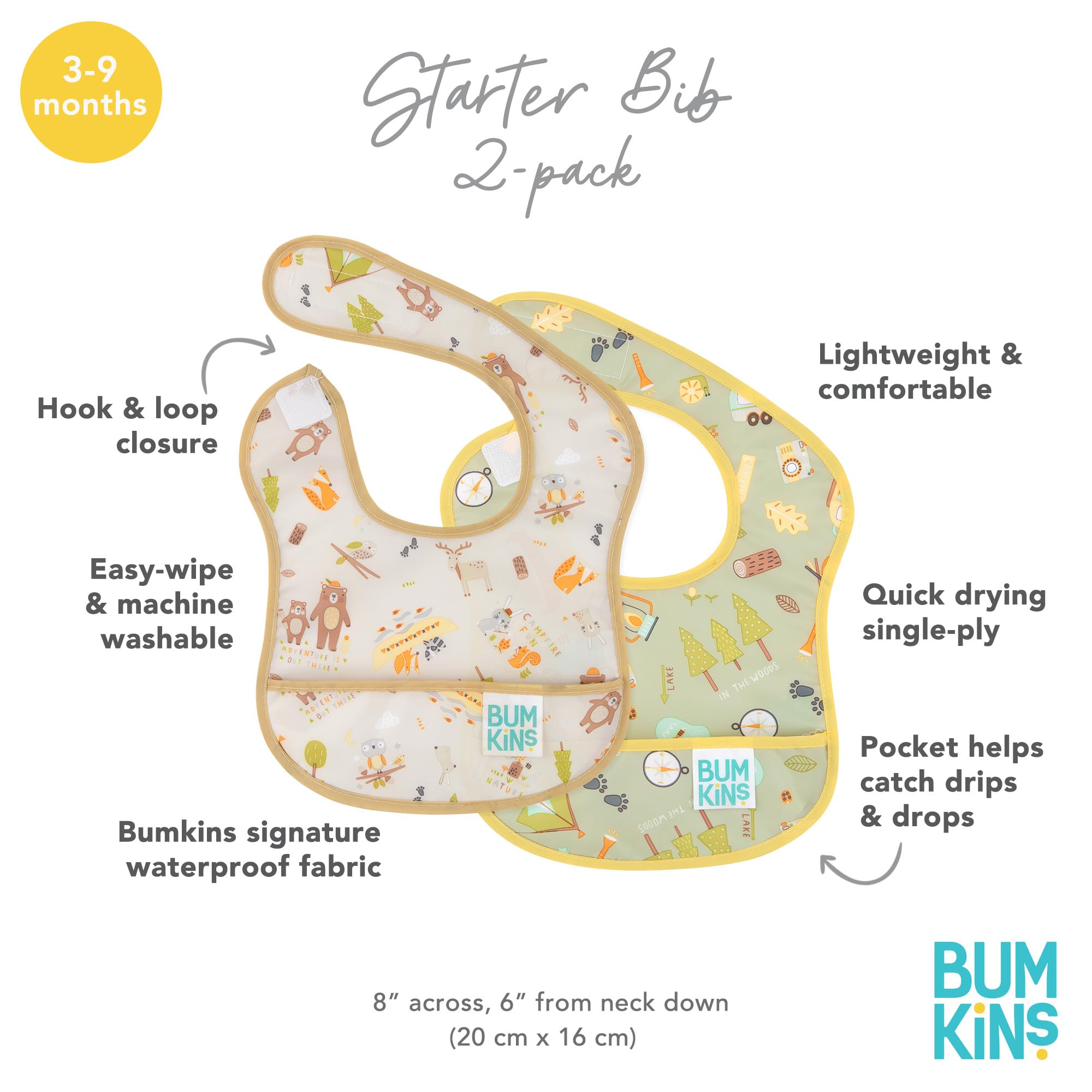 Bumkins Starter-Lätzchen, Babylätzchen, wasserdichter Stoff, passend für Säuglinge und Babys von 3-9 Monaten – Campingfreunde & Campingausrüstung (2er-Pack), Campingfreunde/Campingausrüstung,