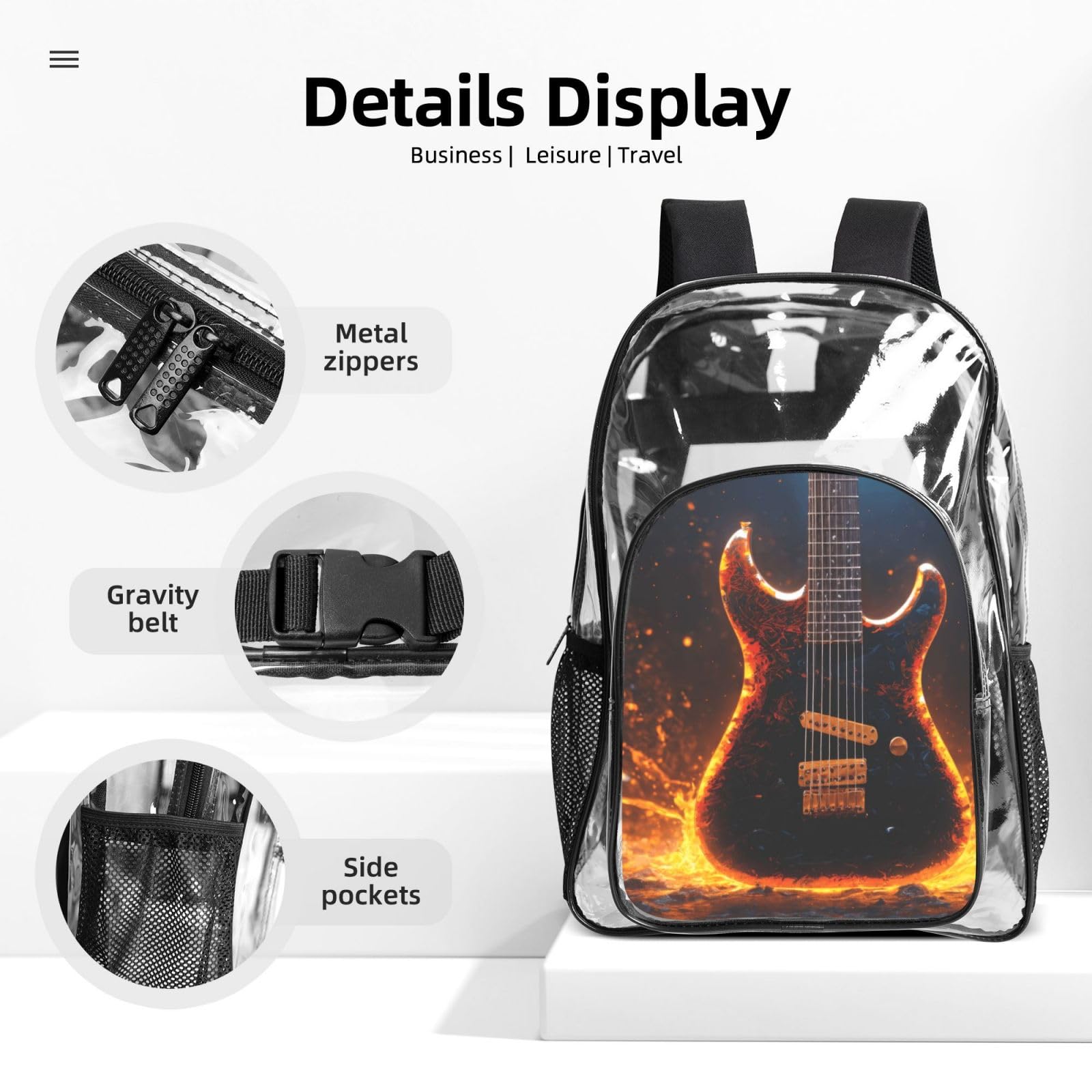 Gitara elektryczna nadruk kobiety mężczyźni dzieci przezroczysty plecak zestaw szkoła podróż przezroczysty 3-częściowy pojemnik na lunch