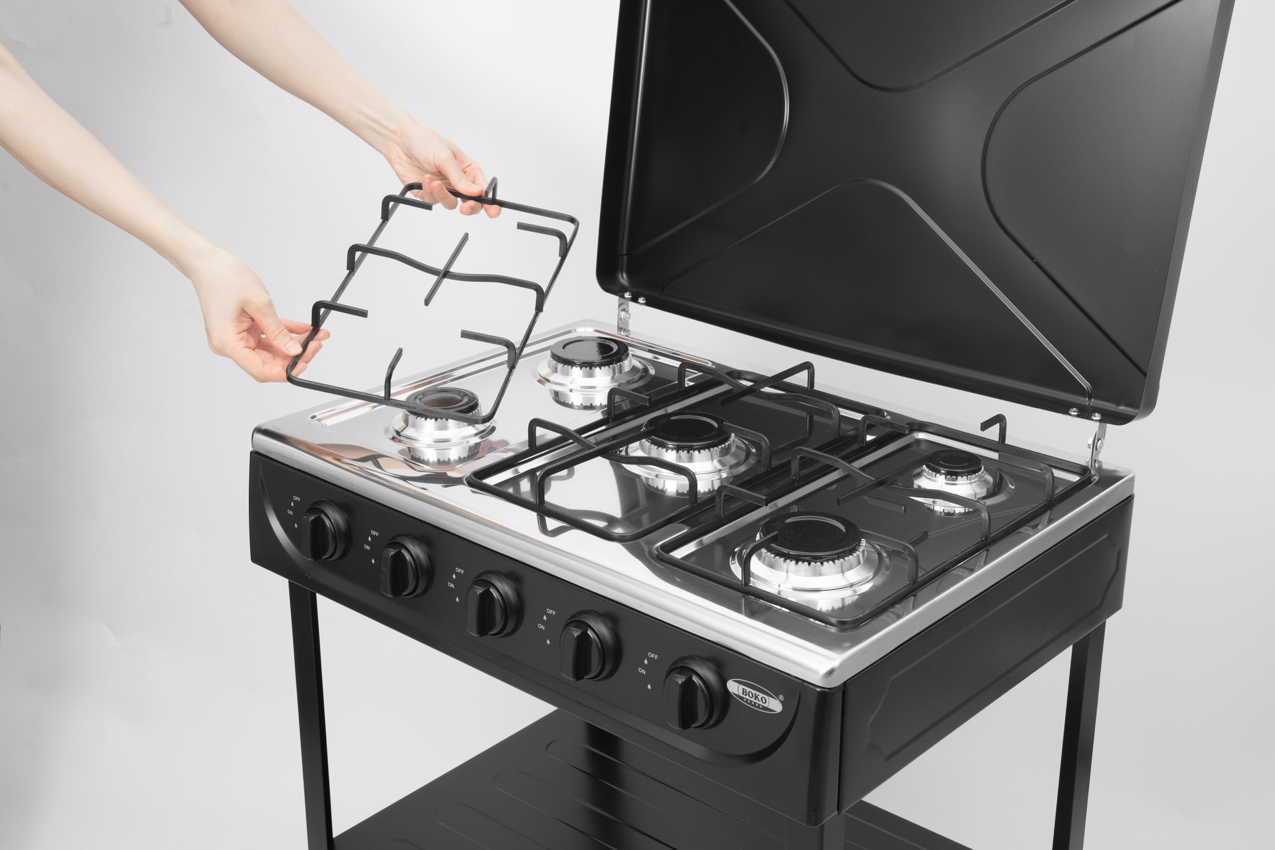 Piano cottura a gas a 5 fuochi, fornello a gas NG/LPG con coperchio e ripiano, fornello a gas naturale con 5 fuochi, controllo indipendente (5 bruciatori, nero)