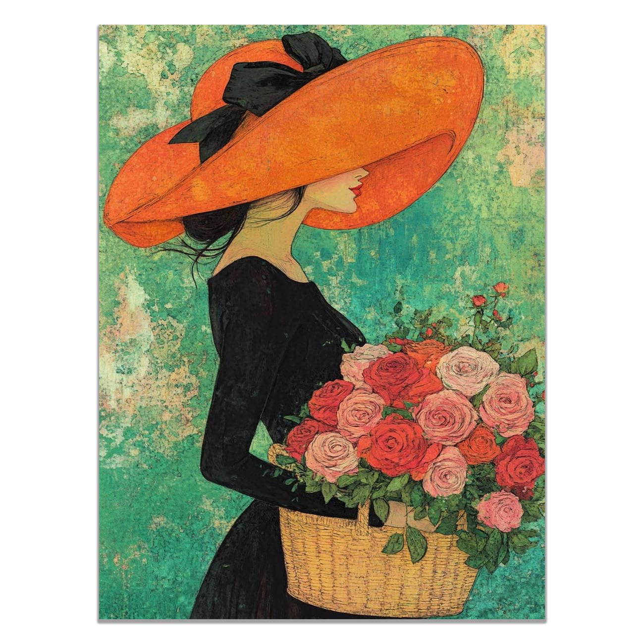 QUSAAOU Fashion Portrait Canvas Wall Art Woman in Orange Hat Holding Roses in Basket For Living Room Bedroom African American Decor For Home Afro Woman Poster And Prints(Orange)-80x120cm Unframed