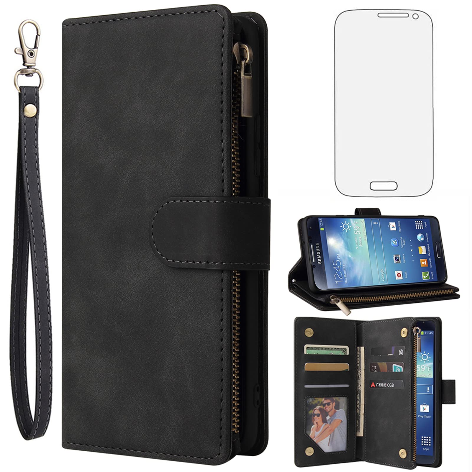 Asuwish Compatible with Samsung Galaxy S4 Wallet Case Tempered Glass Screen Protector and Leather Flip Cover Card Holder Cell Accessories Phone Cases for Glaxay S 4 Gaxaly 4S Galaxies GS4 I9500 Black