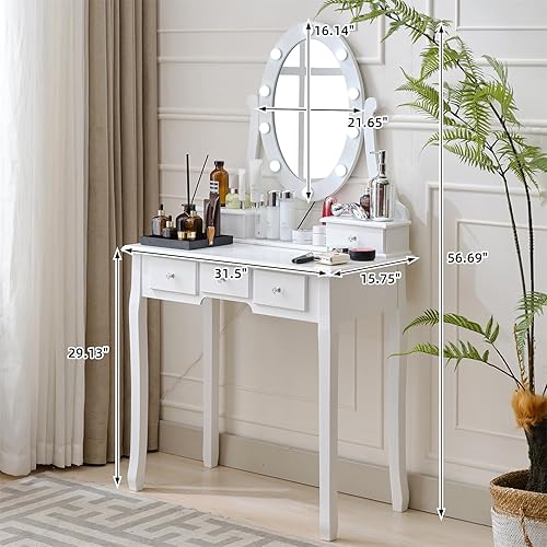 Miniatura 6 de Mesa de tocador de maquillaje con espejo iluminado, tocador compacto con 5 cajones grandes para mujeres y niñas (blanco)