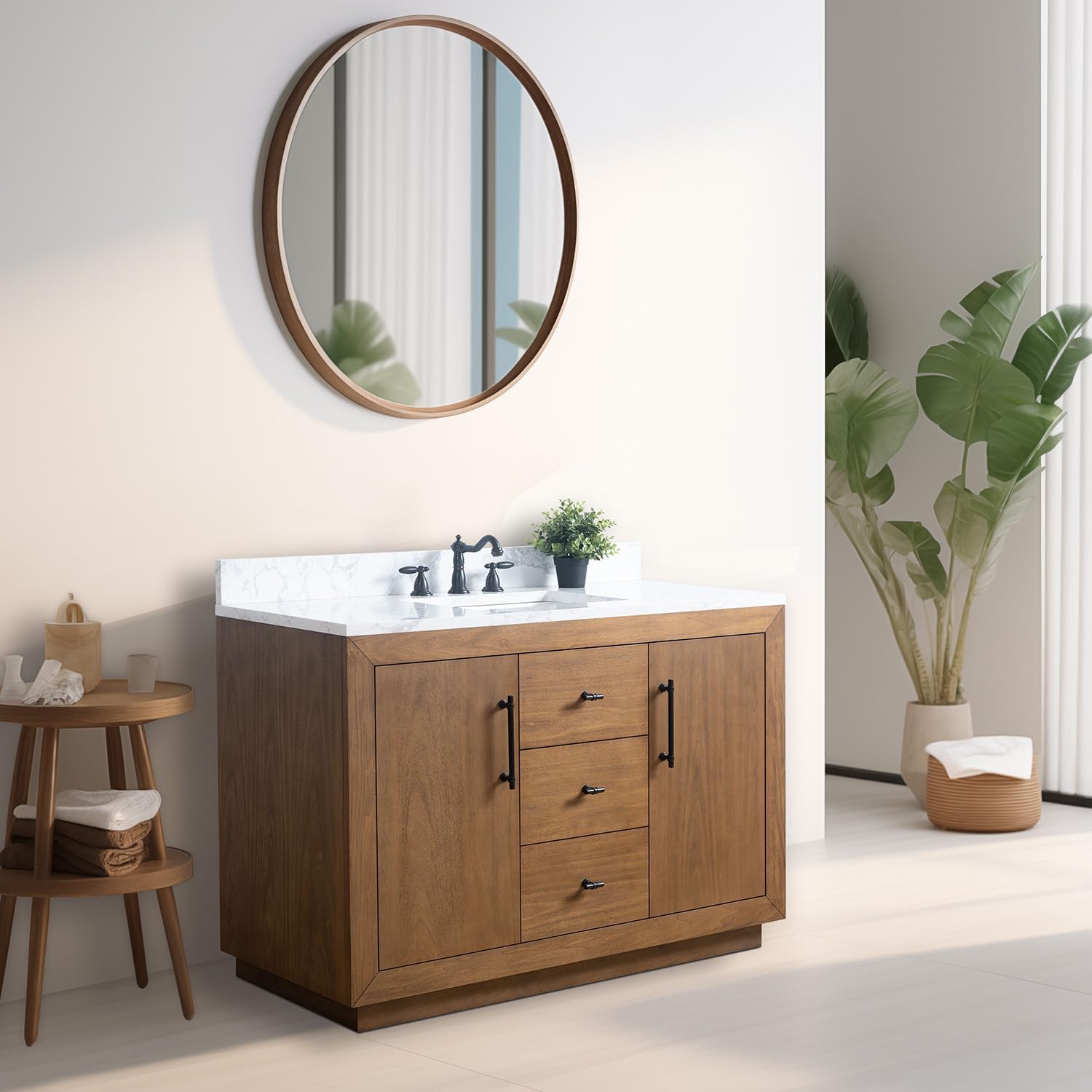 Vanity Art 48" Bathroom Vanity with Sink, Solid Poplar Wood Vanity Cabinet with Doors and Shelf, Modern Wood Bathroom Vanity with White Marble Top, 3 Functioning Drawers, VA70-48-T-E