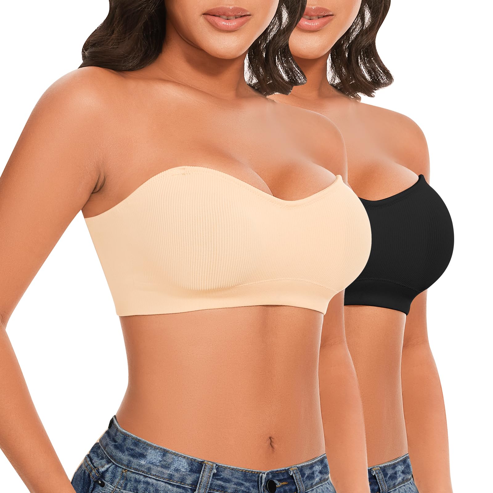 Photo 1 of Eachsale Women's Strapless Wireless Bras Padded Bandeau Bra Seamless Comfort Tube Top Bralette with Clear Straps