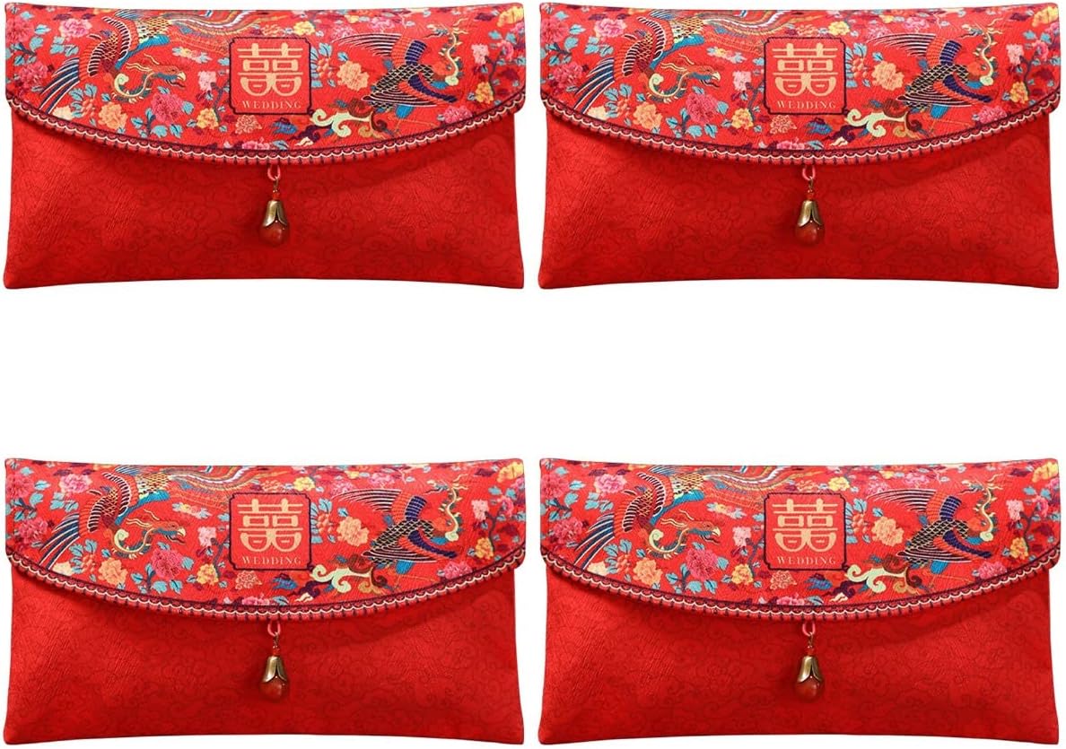Abaodam 4Pcs Silk Red Envelopes Chinese Wedding Red Envelopes Lucky Money Gift Cash Packets Hong Bao for Weddings