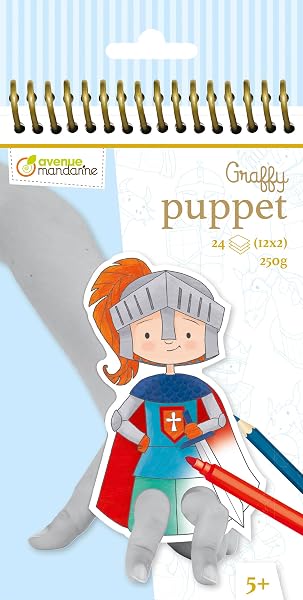 MY MANDARINE GY009O - Un carnet de coloriage Graffy Puppet - 24 marionnettes à doigts pré-découpées 12x12 cm - À partir de 5 ans - DRAGONS ET CHEVALIERS - 1