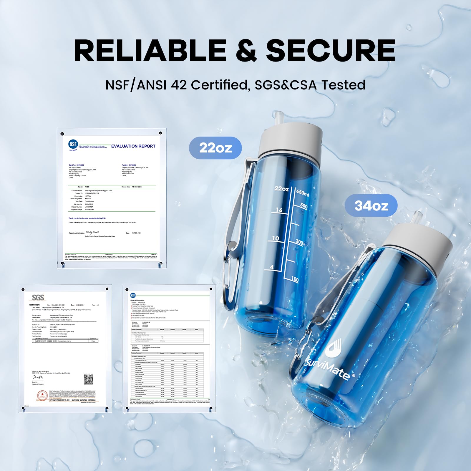 SurviMate Botella de agua filtrada de 5 etapas de 0,01 μm, material sin BPA, certificado NSF/ANSI 42 y 372, botella de filtro de agua portátil para supervivencia, camping, senderismo y uso de