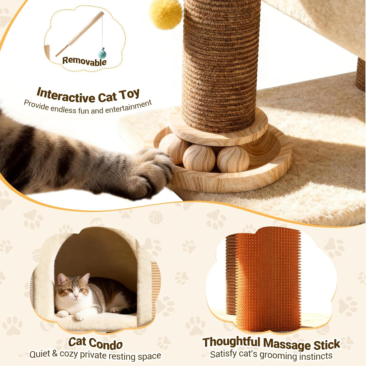 [Small but Mighty] PetDance Pro-Durable Cat Tree,Space-Saving Cat Tower with Multiple Fun,All-in-1 Powerhouse with Interactive Ball Track Toy & Self-Grooming Brush for Energetic Cats,Beige
