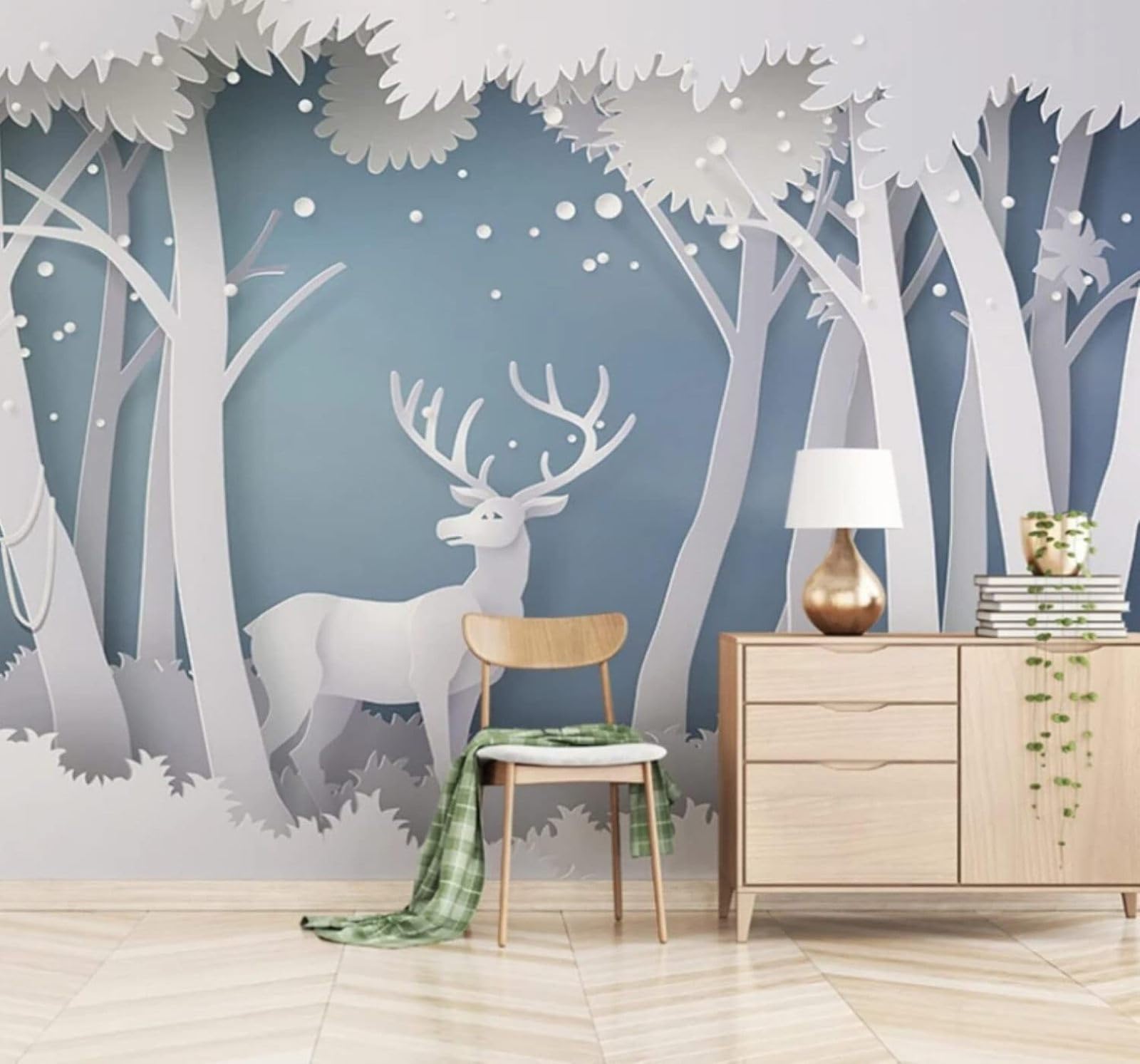 Minimalist Three Dimensional Reindeer Forest Landscape 3D Wallpaper Easy Install Feature Office Living Room Sofa Bedroom TV Background Wall Decoration-150cm×105cm