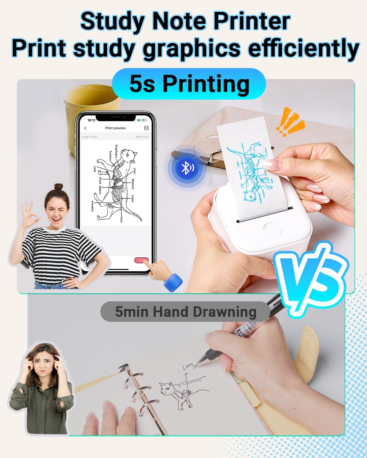 Memoking T02 Sticker Printer - Print Pods Mini Printer Portable Thermal Inkless Label Maker Pocket Phone Labeling Machine for Study Graphic, Anatomical Diagram, Journal, DIY, Gift, White