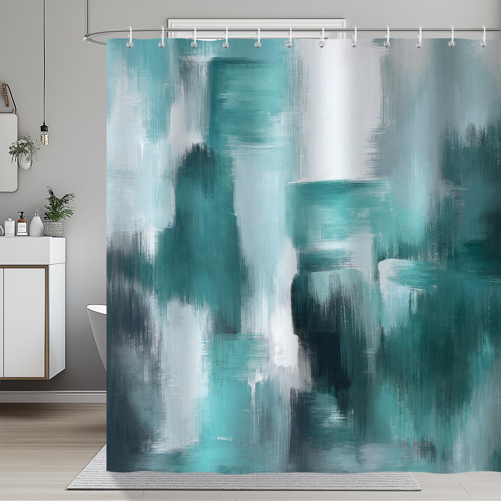 COZZSNUGE Cortina de Ducha Turquesa Abstracto, Cortina de Baño Moderno Geométrico Turquesa Verde 183 x 183 cm Poliéster Impermeable Resistente al Moho con 12 Ganchos