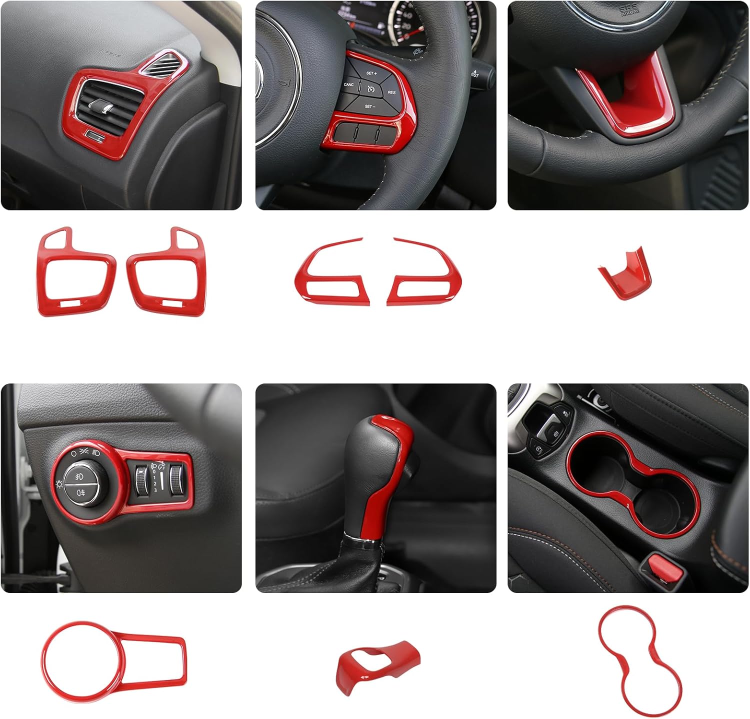 Jimen Fit for Jeep Compass 2017-2020, 8PCS Red Interior Trim Kits - Dash Air Vent Cover, Headlight Switch Trim, Shifter Knob Cover, Front Cup Holder Frame