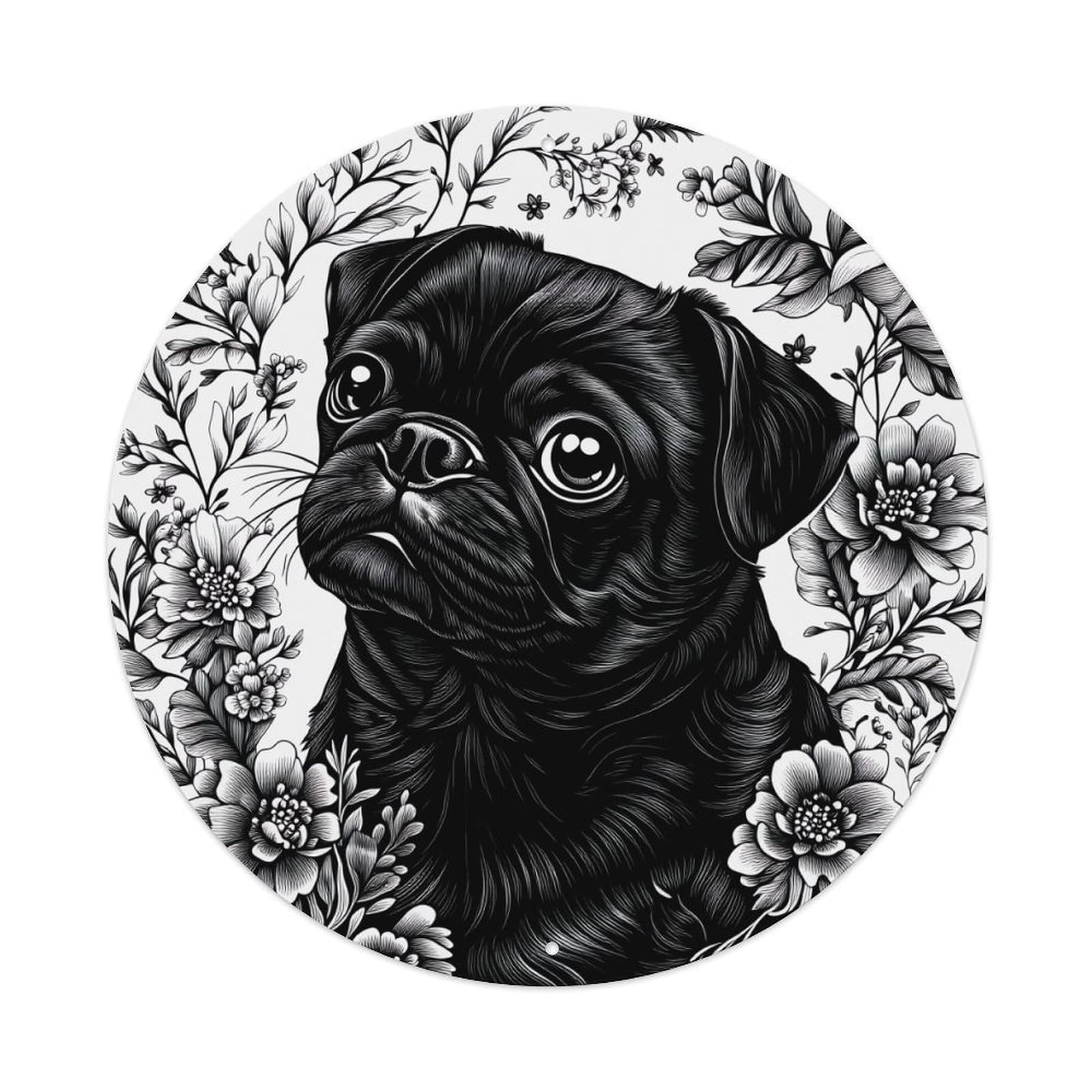 Pug Dog Floral Circle Art Round Tin Sign Retro Metal Sign for Cafe Bar Pub Home Game Room Gym Club Wall Decoration Vintage Metal Poster 8x8 Inch