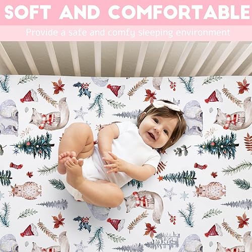 Miniatura 7 de Sábana bajera ajustable para cuna de bebé de animales del bosque, 52 x 28 pulgadas, diseño de animales de Navidad, oso, zorro, búho, abeto, hojas de