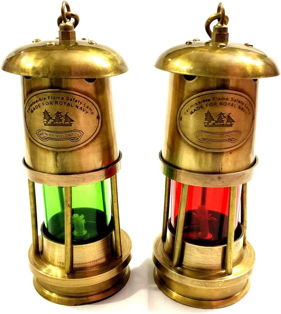 2 Pic Lot Yellow Antique Nautical Antique Brown Brass Red/Green Minor Oil Lamp Ship Boat Lantern 6" Decor