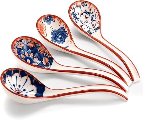 Juego de 4 cucharas de sopa asiáticas de cerámica, cucharas de sopa japonesas con mango largo curvo, cuchara de ramen para albóndigas, fideos,