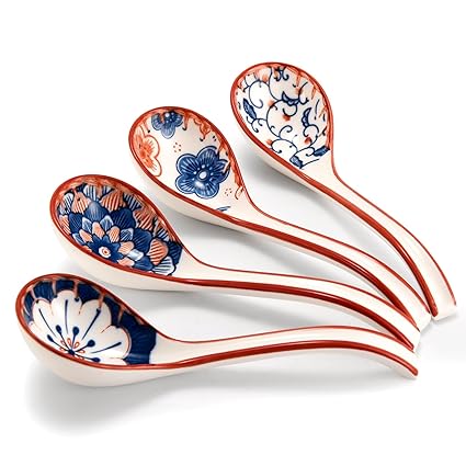 Ceramic Asian Soup Spoons, 4 PCS Japanese Soup Spoons with Long Curved Handle, Ramen Spoon for Dumpling Noodles Wonton,Rice
