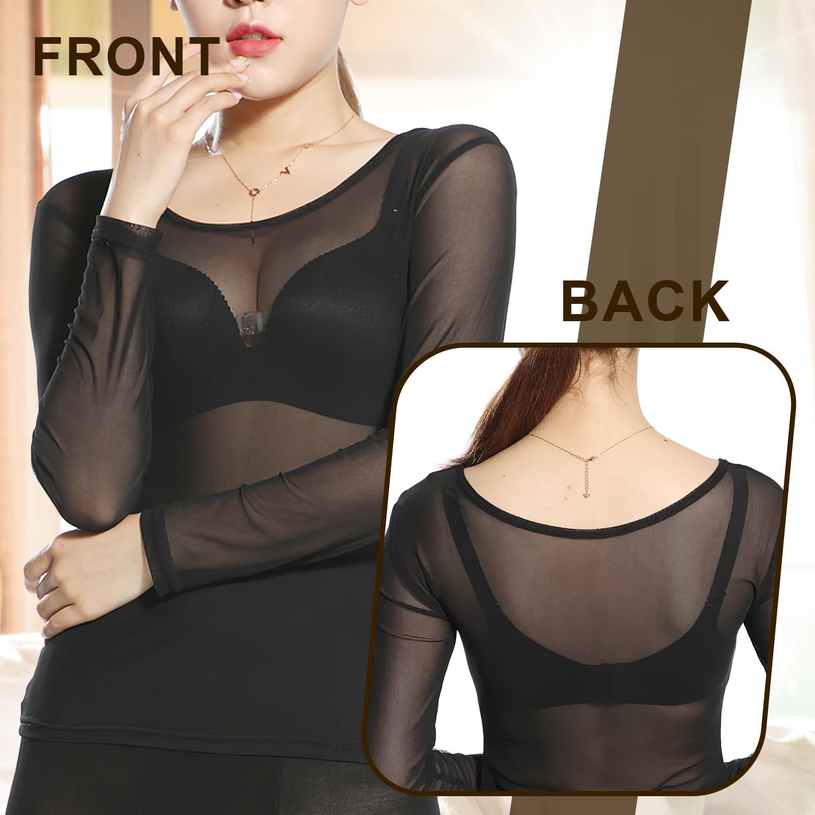 Haut Transparent Femme T-Shirt Noir en Maille Manches Longues | Polyester Extensible, Coupe Slim, Taille Unique 90-100 CM, Col Rond, Idéal Soirée Festival Ou Superposition