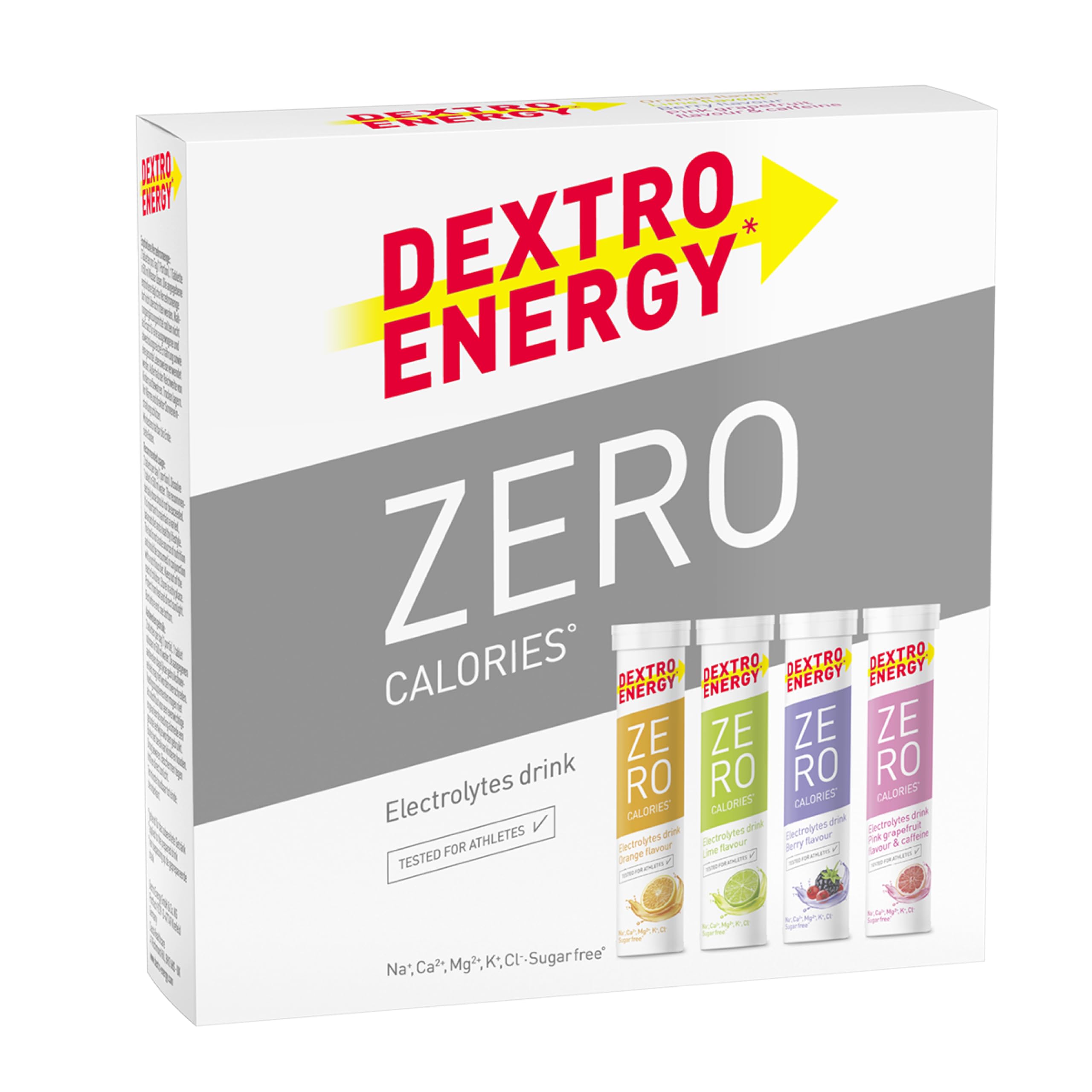 Dextro Energy Elektrolyte ohne Zucker Mix Pack 4 Sorten, 4x20 Tabletten (4er Pack) - Berry, Lemon, Orange und Pink Grapefruit + Koffein Flavour