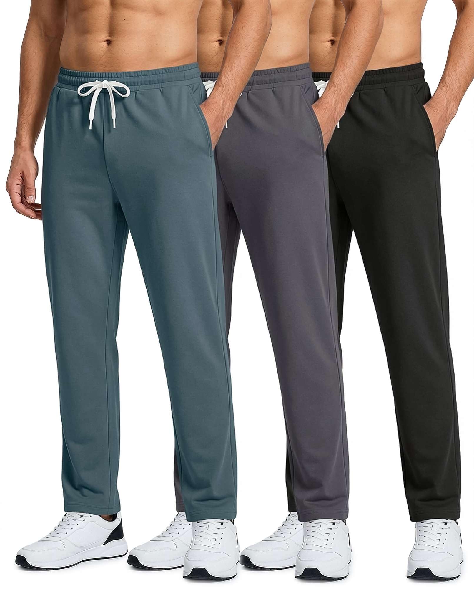 Real Essentials 3 Pack Mens French Terry Open Bottom Sweatpants - Casual Lounge Comfort Gym with Pockets